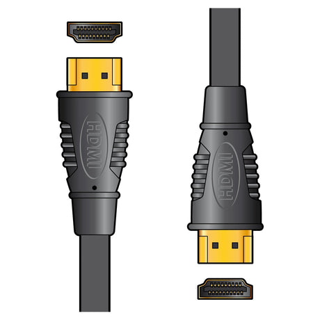 Illustration of AV:Link HQ 4K Ready High Speed HDMI Cable With Ethernet - 1.5m, featuring two HDMI cables with connectors. The top view offers a detailed look at each connector's pin configuration, while the side view displays the complete cables, emphasizing the textured grips and gold-plated connectors designed for high-speed data transmission, perfect for 4K UltraHD displays.