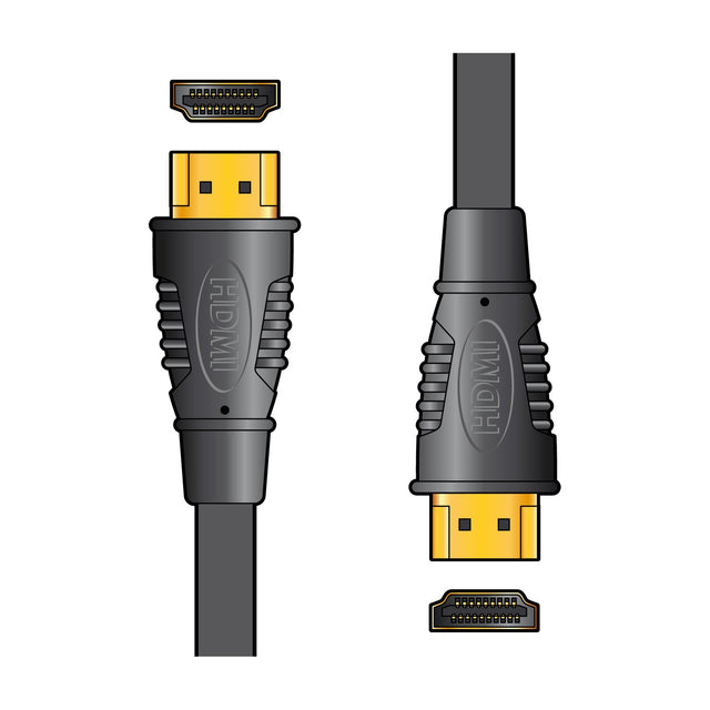 AV:Link 4K HDMI lead with two gold-plated full-size HDMI plugs and black flat cable, shown with connector pin detail on a plain white background.