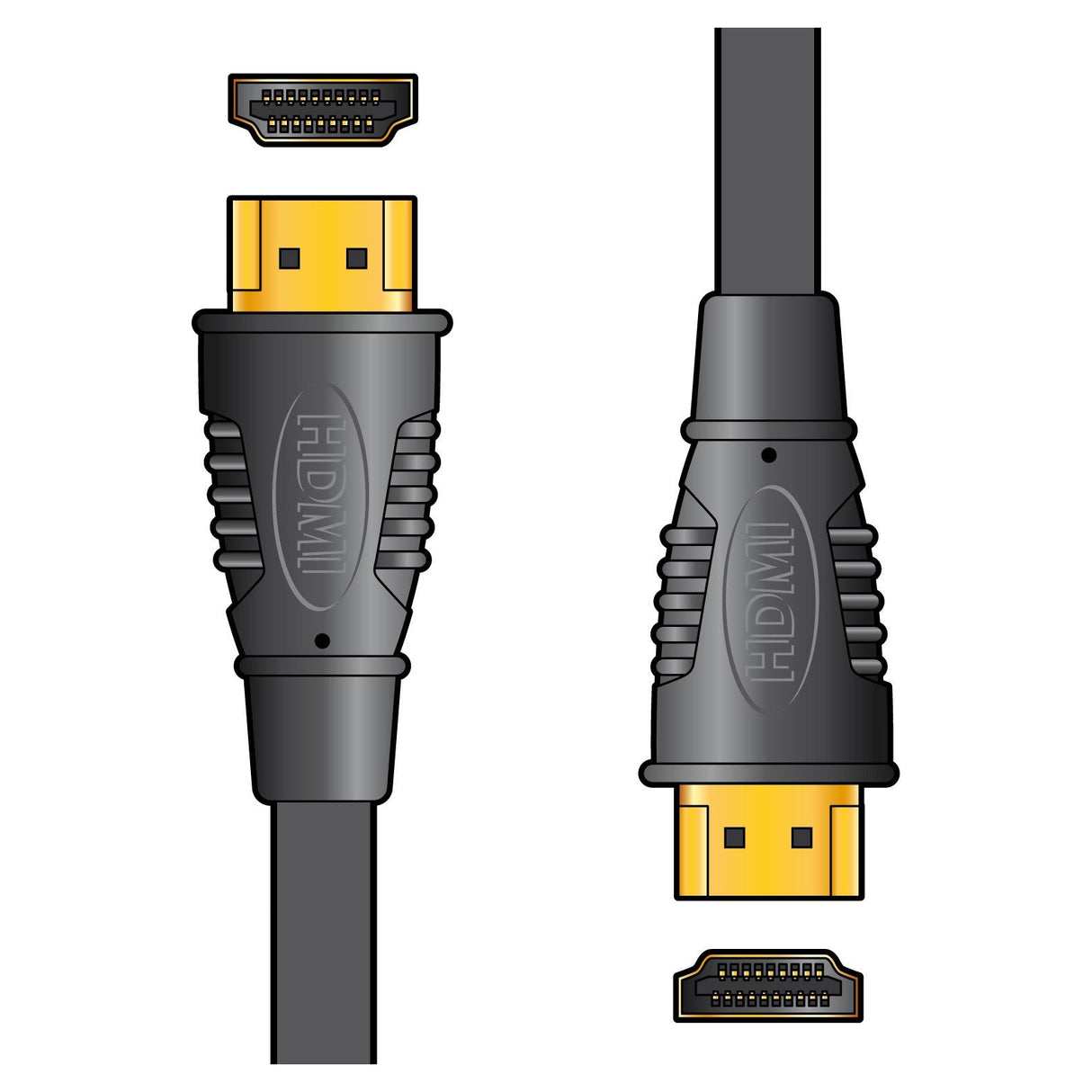 Illustration of the AV:Link HQ 4K Ready High Speed HDMI Cable With Ethernet - 3m, designed for high-speed data transmission. The connectors feature gold tips, and the black cables have "HDMI" imprinted on them, making them perfect for 4K UltraHD. Both top and side views of these advanced connectors are displayed.
