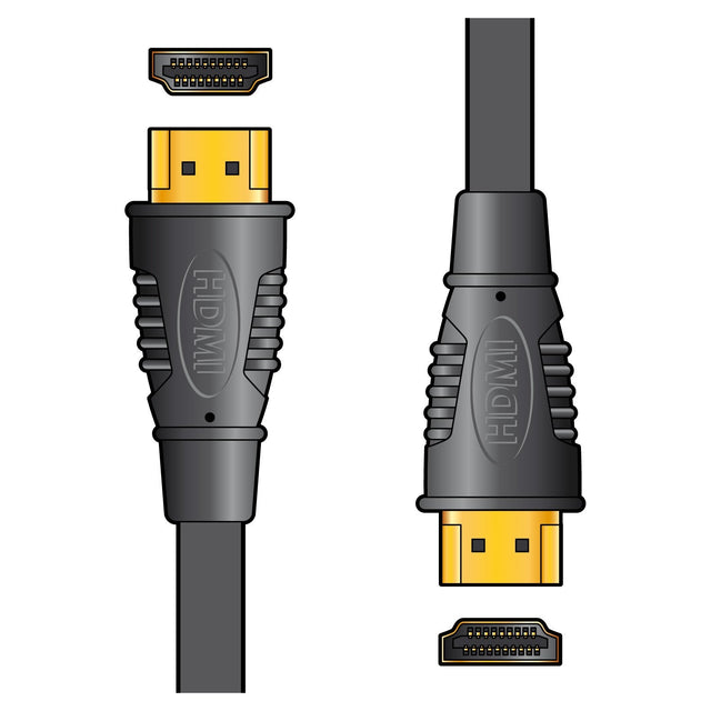 Illustration of the AV:Link HQ 4K Ready High Speed HDMI Cable With Ethernet - 3m, designed for high-speed data transmission. The connectors feature gold tips, and the black cables have "HDMI" imprinted on them, making them perfect for 4K UltraHD. Both top and side views of these advanced connectors are displayed.
