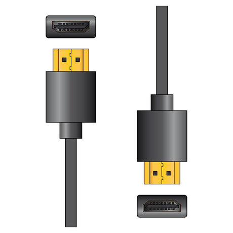 Illustration of the AV:Link HDMI Thinwire Full HD Plug To Plug - 10m cable. One side presents a top view of the connector with gold-plated pins, while the other showcases a side view with low-profile connectors, featuring both ends vertically aligned for impeccable 4K Ultra HD transmission.