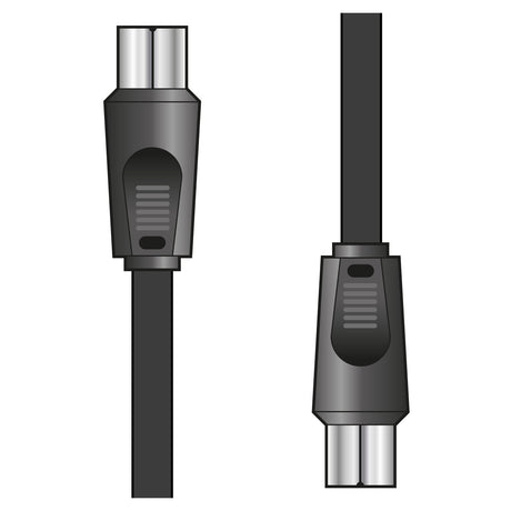 The image depicts two AV:Link RG6 Coaxial Plug to Plug Leads - 2m, featuring black connectors with silver tips. These cables are crucial for clear satellite transmission and are presented at varying angles—one positioned vertically and the other diagonally—against a white backdrop.