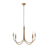 Endon Cliffleigh 5 light chandelier in brushed aged brass with curved J-shaped arms and B22 lamp holders, suspended from a chain on a white background.