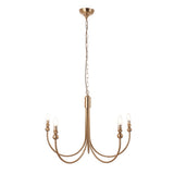 Endon Cliffleigh 5 light chandelier in brushed aged brass with curved J-shaped arms and candle bulbs, shown without shades on a white background.