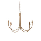 Endon Cliffleigh 5 light chandelier in brushed aged brass with curved J shaped arms, B22 lamp holders and grey braided flex chain, on white.