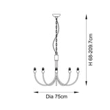Dimensioned line drawing of the Endon Cliffleigh 5 light chandelier showing 75cm diameter frame and adjustable drop from 68 to 209.7cm.