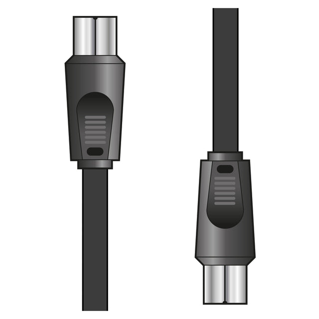Depiction of a pair of black AV:Link RG6 Coaxial Plug To Plug Lead connectors, each showcasing a round plug and a flat, rectangular body. Perfect for satellite signal transmission, these connectors are equipped with ribbed grips and are presented from side and front perspectives against a white background.