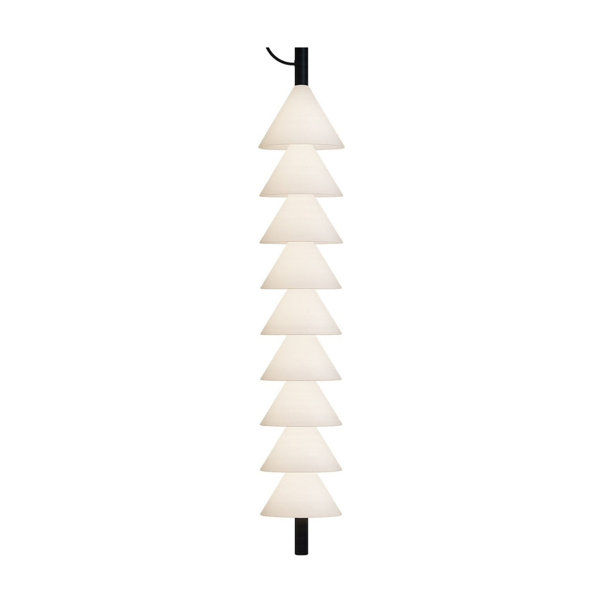 Boga Vertical Up LED Cone Glass Linear Pendant Light in matt black, a column of nine stacked opal white glass cones on a slim iron rod, shown against a plain white background.