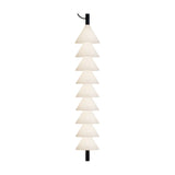 Boga Vertical Up LED Cone Glass Linear Pendant Light in matt black, a column of nine stacked opal white glass cones on a slim iron rod, shown against a plain white background.