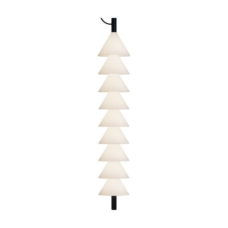 Boga Vertical Up LED Cone Glass Linear Pendant Light in matt black, a column of nine stacked opal white glass cones on a slim iron rod, shown against a plain white background.