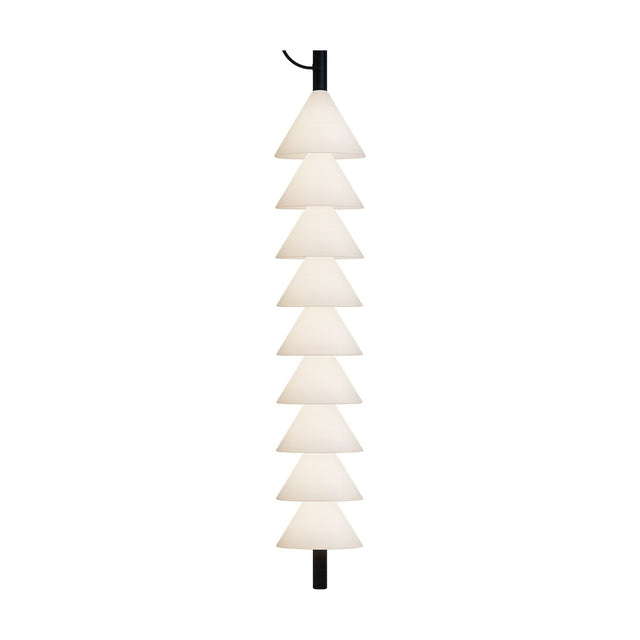 Boga Vertical Up LED Cone Glass Linear Pendant Light in matt black, a column of nine stacked opal white glass cones on a slim iron rod, shown against a plain white background.