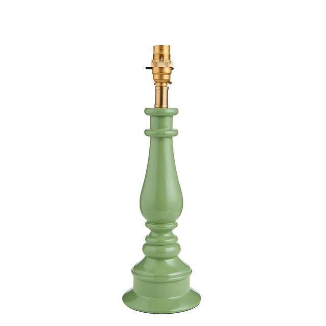 Endon Carlworth table lamp base in gloss green resin with turned spindle shape and brass B22 lamp holder, on a plain white background.
