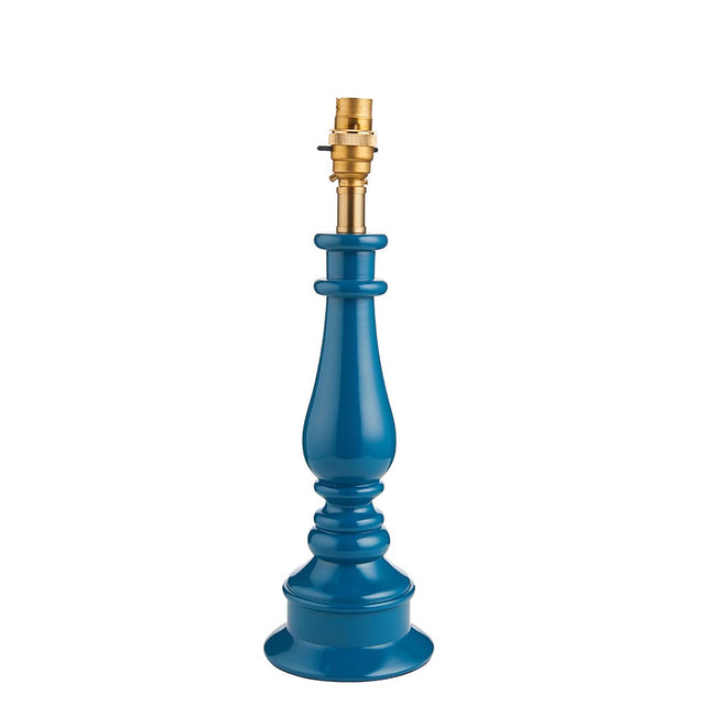 Endon Carlworth table lamp base in gloss Marlin Blue turned spindle resin with brass B22 lamp holder, shown on a plain white background.