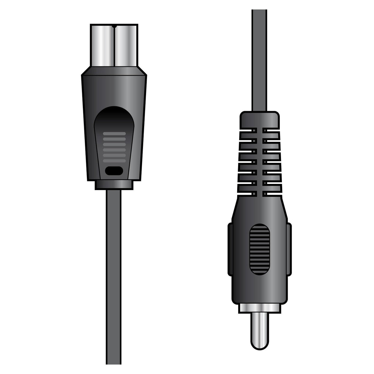 The image depicts two distinct audio cables reminiscent of vintage game consoles. On the left is a female RCA connector with a round, silver tip, and on the right, an AV:Link Coaxial Plug To RCA Plug Lead - 2m featuring a male RCA plug with a gleaming silver pin. Both cables are sheathed in classic black insulation.