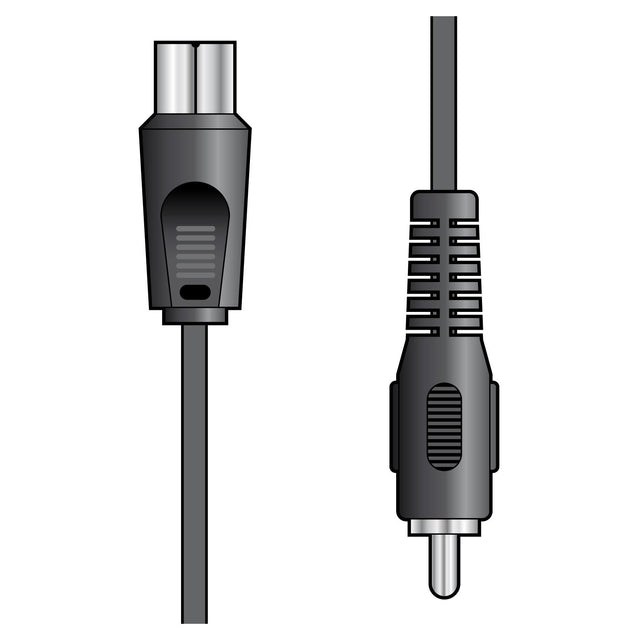 The image depicts two distinct audio cables reminiscent of vintage game consoles. On the left is a female RCA connector with a round, silver tip, and on the right, an AV:Link Coaxial Plug To RCA Plug Lead - 2m featuring a male RCA plug with a gleaming silver pin. Both cables are sheathed in classic black insulation.