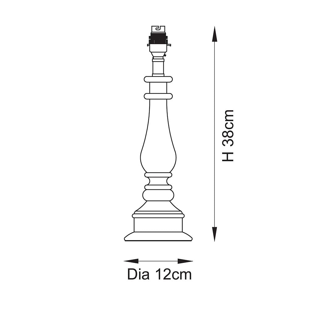 Carlworth Table Lamp base in white resin with turned spindle shape and brass B22 lamp holder, shown with dimensions H 38cm and Dia 12cm on a white background.