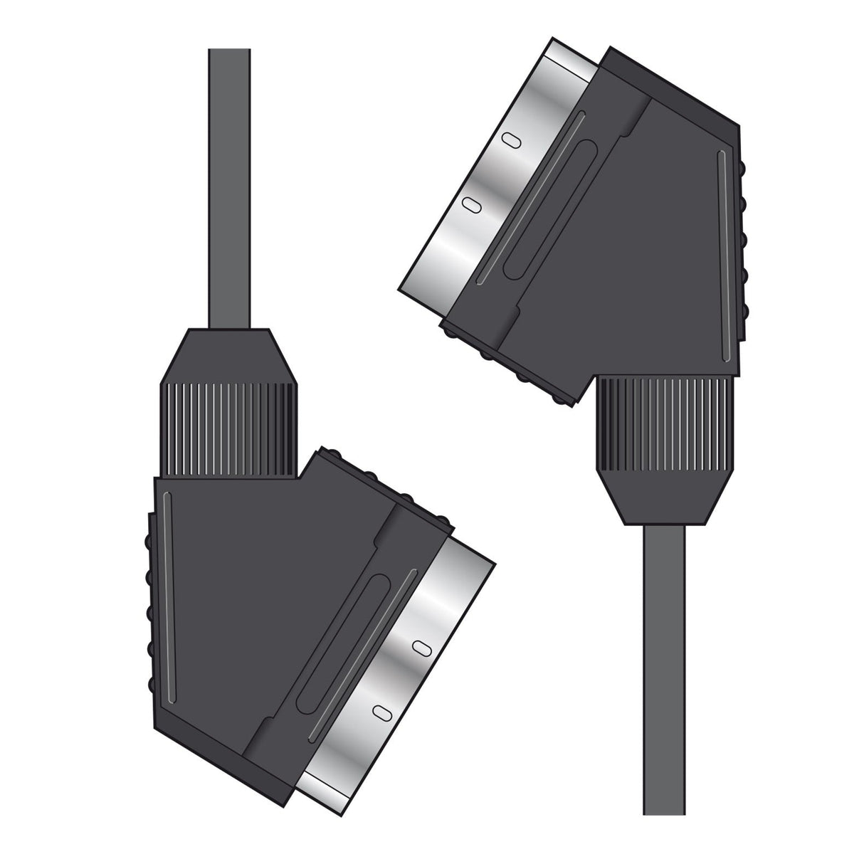Illustration of two AV:Link Scart Lead Plug To Plug cables, showcasing nickel-plated connections and black connectors with grey metallic ends, positioned at angles to reveal their 21-pin ports—ideal for AV devices.