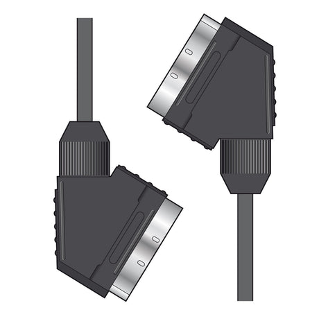 Illustration of two AV:Link Scart Lead Plug To Plug cables, showcasing nickel-plated connections and black connectors with grey metallic ends, positioned at angles to reveal their 21-pin ports—ideal for AV devices.