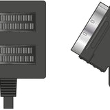 AV:Link 2-way SCART splitter by AVSL with black housing, two female SCART input sockets, manual rocker switch, and 50cm lead to output plug.