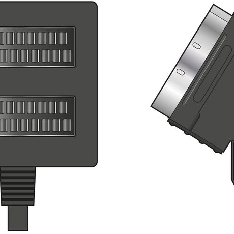 AV:Link 2-way SCART splitter by AVSL with black housing, two female SCART input sockets, manual rocker switch, and 50cm lead to output plug.
