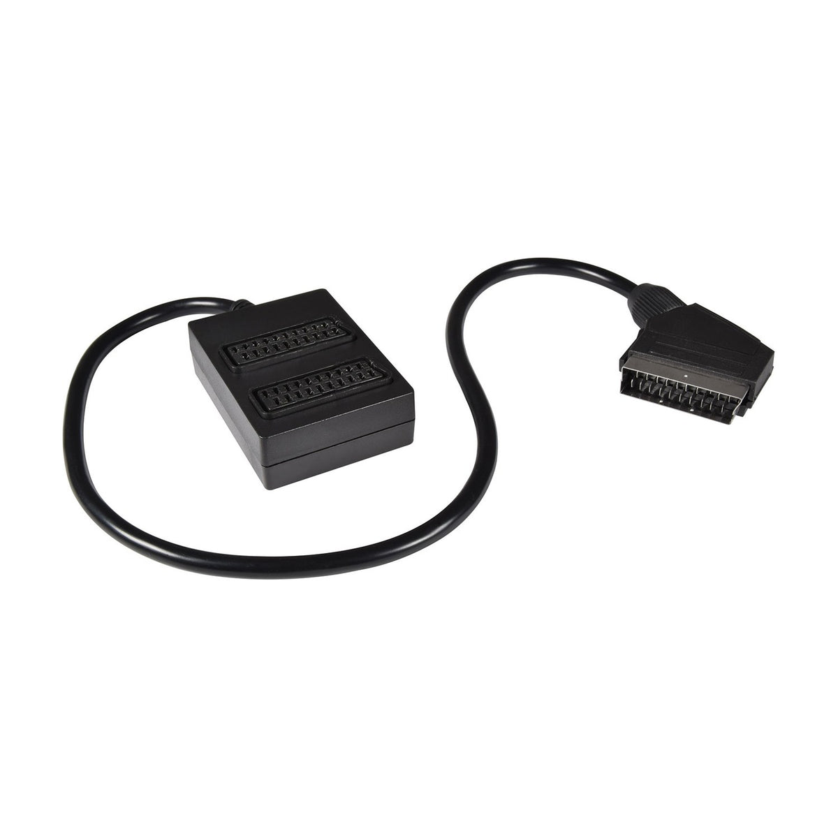 AV:Link 2-way SCART splitter with black housing, dual female SCART input sockets, manual rocker switch and 50cm lead to a male SCART plug.