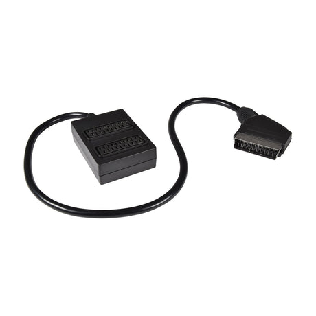 AV:Link 2-way SCART splitter with black housing, dual female SCART input sockets, manual rocker switch and 50cm lead to a male SCART plug.