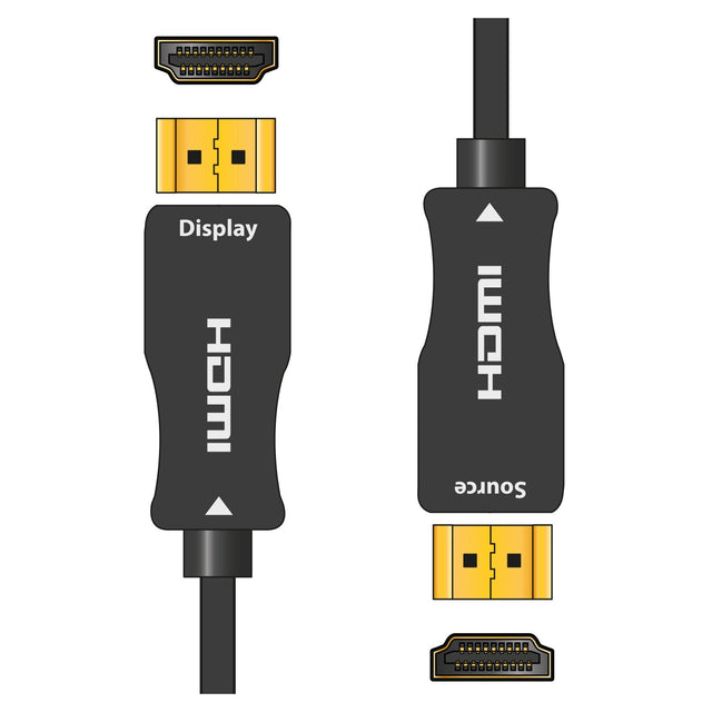 Illustration of an AV:Link 4K UHD Active Fibre Optic HDMI 2.0 Cable - 10m: one end labeled Display facing up, the other labeled Source facing down. Both have a sleek black design with gold connectors, supporting 4K UHD for exceptional clarity.