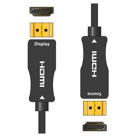 Illustration of the AV:Link 4K UHD Active Fibre Optic HDMI 2.0 Cable - 30m. This cable features labeled connectors with "Display" on one end and "Source" on the other, indicating its bi-directional functionality. With fibre optic technology, the design is compact and includes gold-plated connectors to support 4K Ultra High Definition.