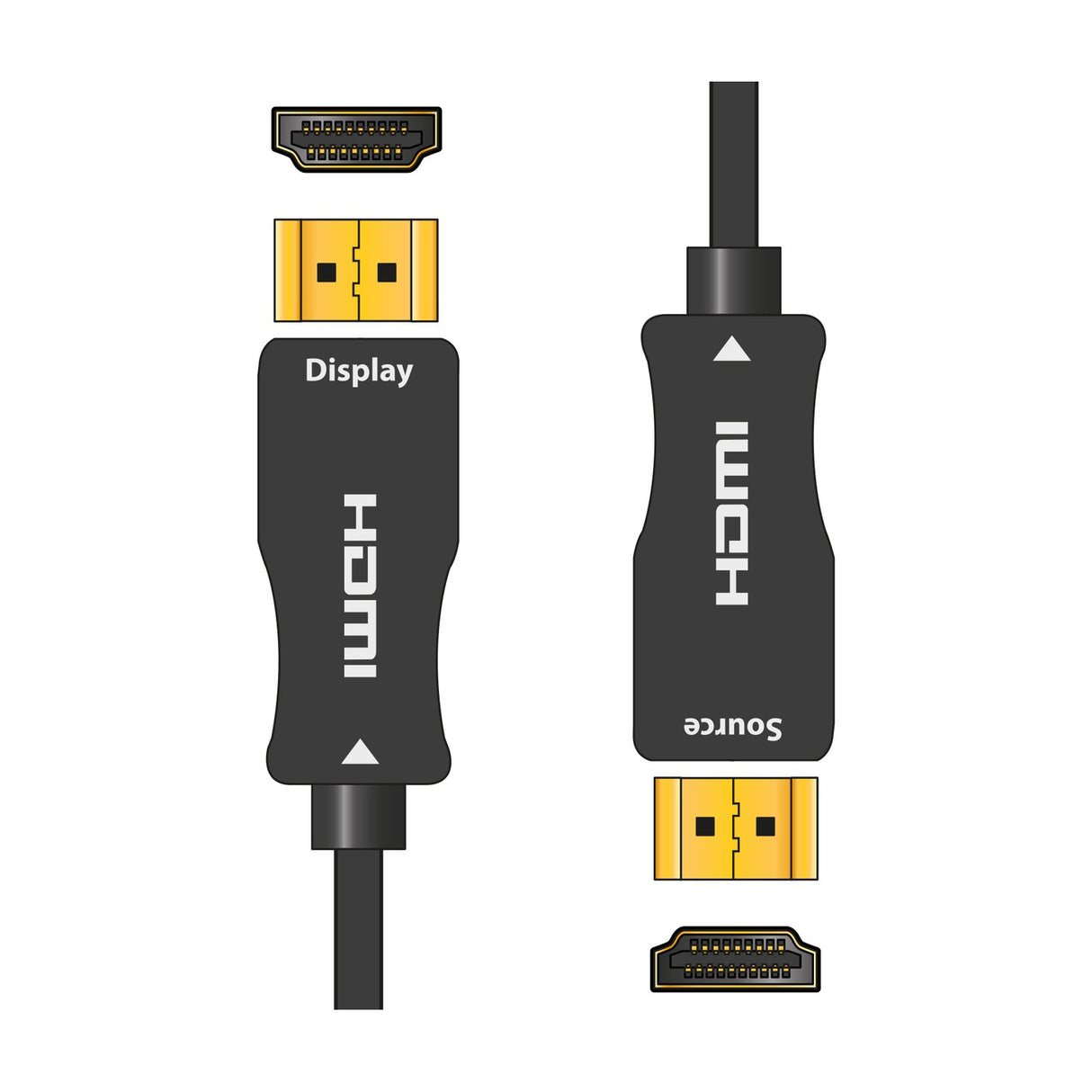 AV:Link 8K active fibre optic HDMI lead by AVSL, showing labelled Source and Display connectors with gold-plated pins and black alloy headshells on white.