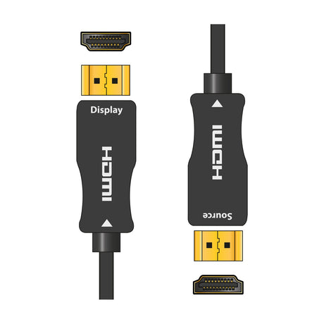 AV:Link 8K active fibre optic HDMI lead by AVSL, showing labelled Source and Display connectors with gold-plated pins and black alloy headshells on white.