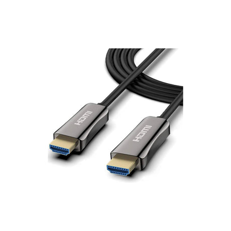 AV:Link 8K active fibre optic HDMI lead coiled with two gold-plated connectors in dark alloy headshells on a white background.