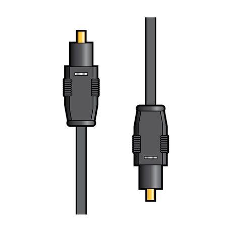AV:Link Toslink to Toslink 1m fibre optic cable with two black connectors and gold-plated optical tips, shown on a plain white background.