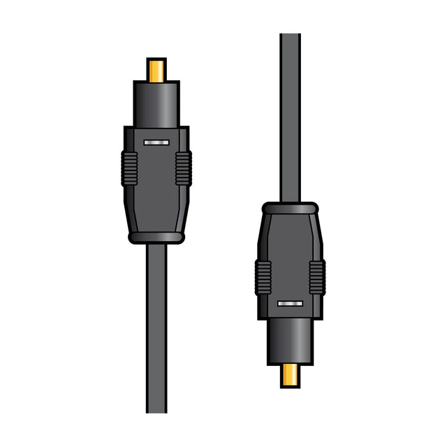 Toslink to Toslink fibre optic cable, 5m, with black connectors and gold-plated tips at both ends, shown on a white background.