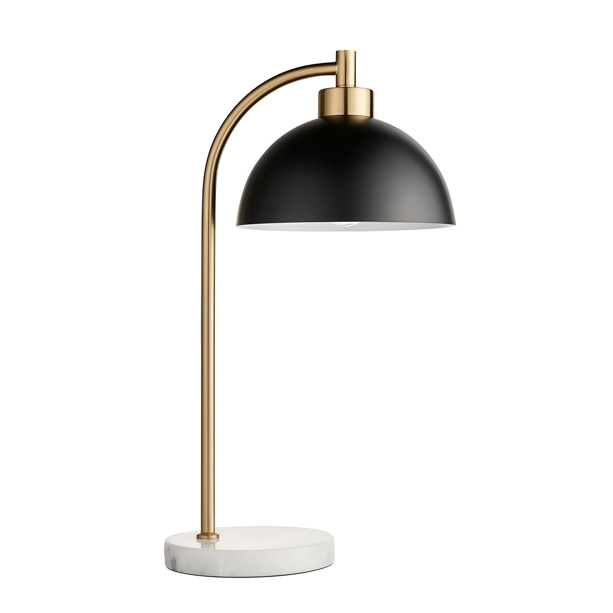 Endon Ashmont table lamp with arched antique brass stem, matt black dome shade and white and grey marble base on a plain background.