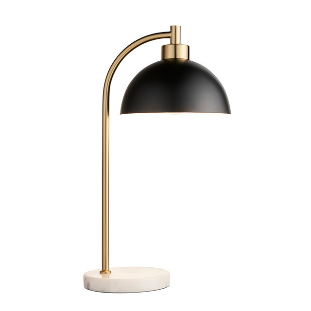 Endon Ashmont mid-century table lamp with arched antique brass stem, matt black dome shade and white and grey marble base on a plain background.
