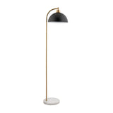 Endon Ashmont floor lamp with arched antique brass stem, matt black dome shade and white and grey marble base on a plain background.