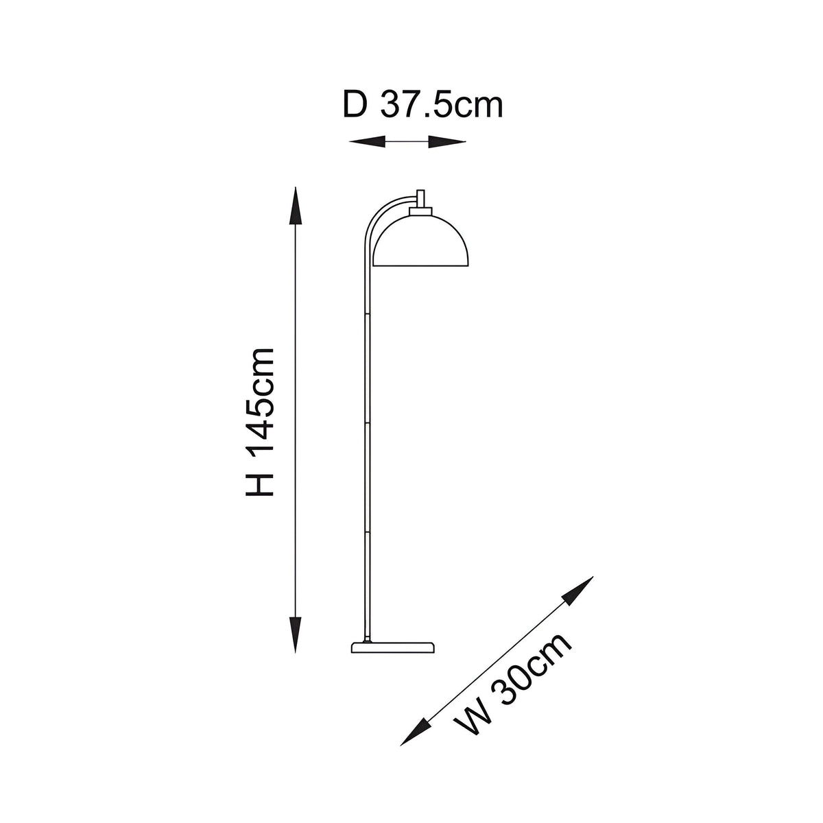 Dimension diagram of the Endon Ashmont floor lamp showing 145cm height, 37.5cm depth and 30cm width with arched stem and domed shade.