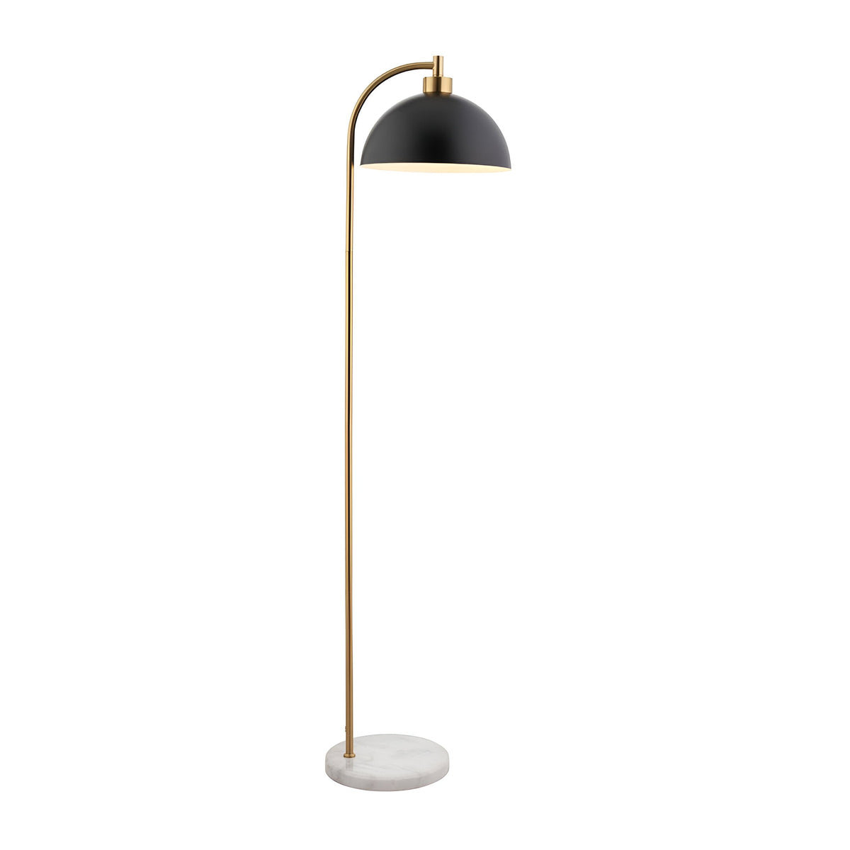 Endon Ashmont floor lamp with arched antique brass stem, matt black dome shade and white and grey marble base, shown on a plain background.
