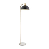 Endon Ashmont floor lamp with arched antique brass stem, matt black dome shade and white and grey marble base, shown on a plain background.