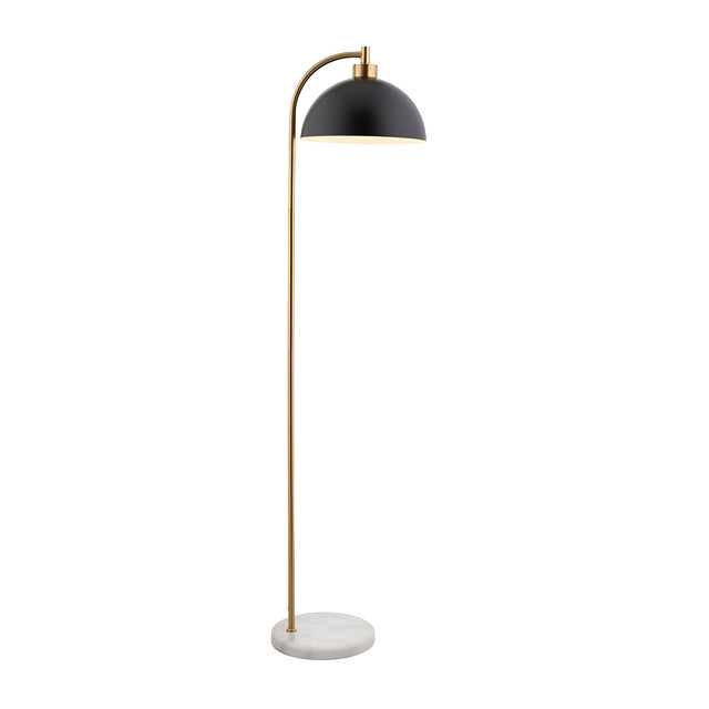 Endon Ashmont floor lamp with arched antique brass stem, matt black dome shade and white and grey marble base, shown on a plain background.