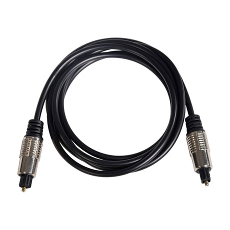 AV:Link 3.0m fibre optic TOSlink digital audio lead coiled on a white background, with nickel plated connectors, gold tips and black PVC cable.