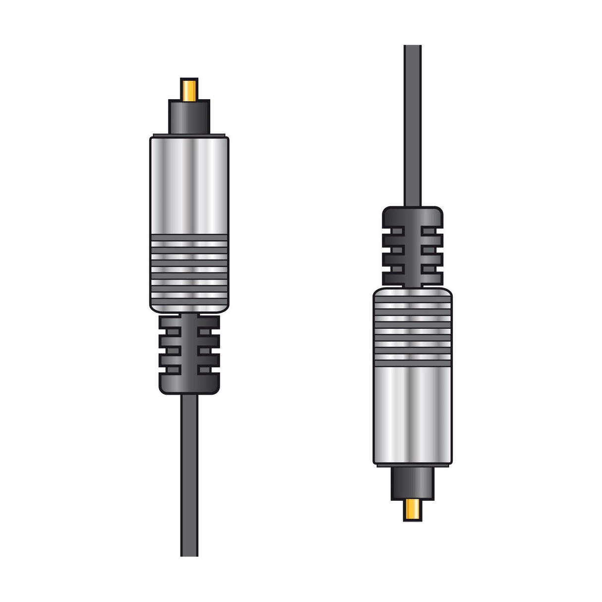 AV:Link fibre optic TOSlink 5.0m optical audio lead by AVSL, showing two silver connectors with gold-plated tips and black PVC cabling on a plain background.