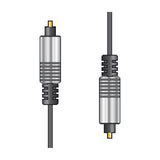 AV:Link fibre optic TOSlink 5.0m optical audio lead by AVSL, showing two silver connectors with gold-plated tips and black PVC cabling on a plain background.