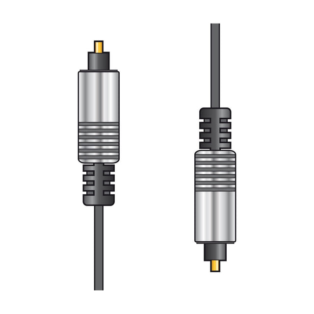 AV:Link fibre optic TOSlink 5.0m optical audio lead by AVSL, showing two silver connectors with gold-plated tips and black PVC cabling on a plain background.