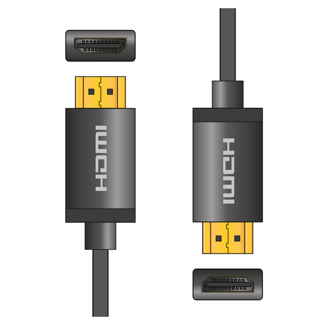 Depiction of two AV:Link 4K Colour Shell HDMI Cables, 1.5m in length and black in color, with one cable positioned vertically and the other horizontally. The image focuses on their gold-plated connectors labeled HDMI, showcasing their feature for carrying 4K ultra HD video signals from various angles.