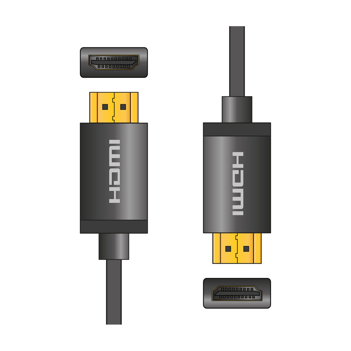 AV:Link 4K HDMI lead in black with gold-plated connectors and aluminium head-shells, shown with matching port views on a plain white background.