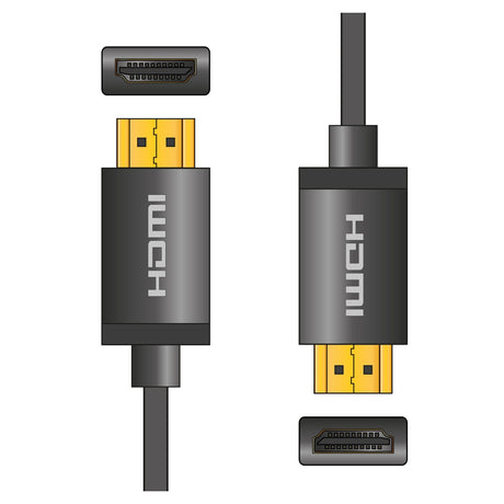 Illustration of AV:Link 4K Colour Shell HDMI Cables. The image features two black 3-meter HDMI cables with gold-plated connectors for ultra HD video transmission. One cable is positioned horizontally, while the other stands vertically, each prominently displaying the HDMI label on the connector.