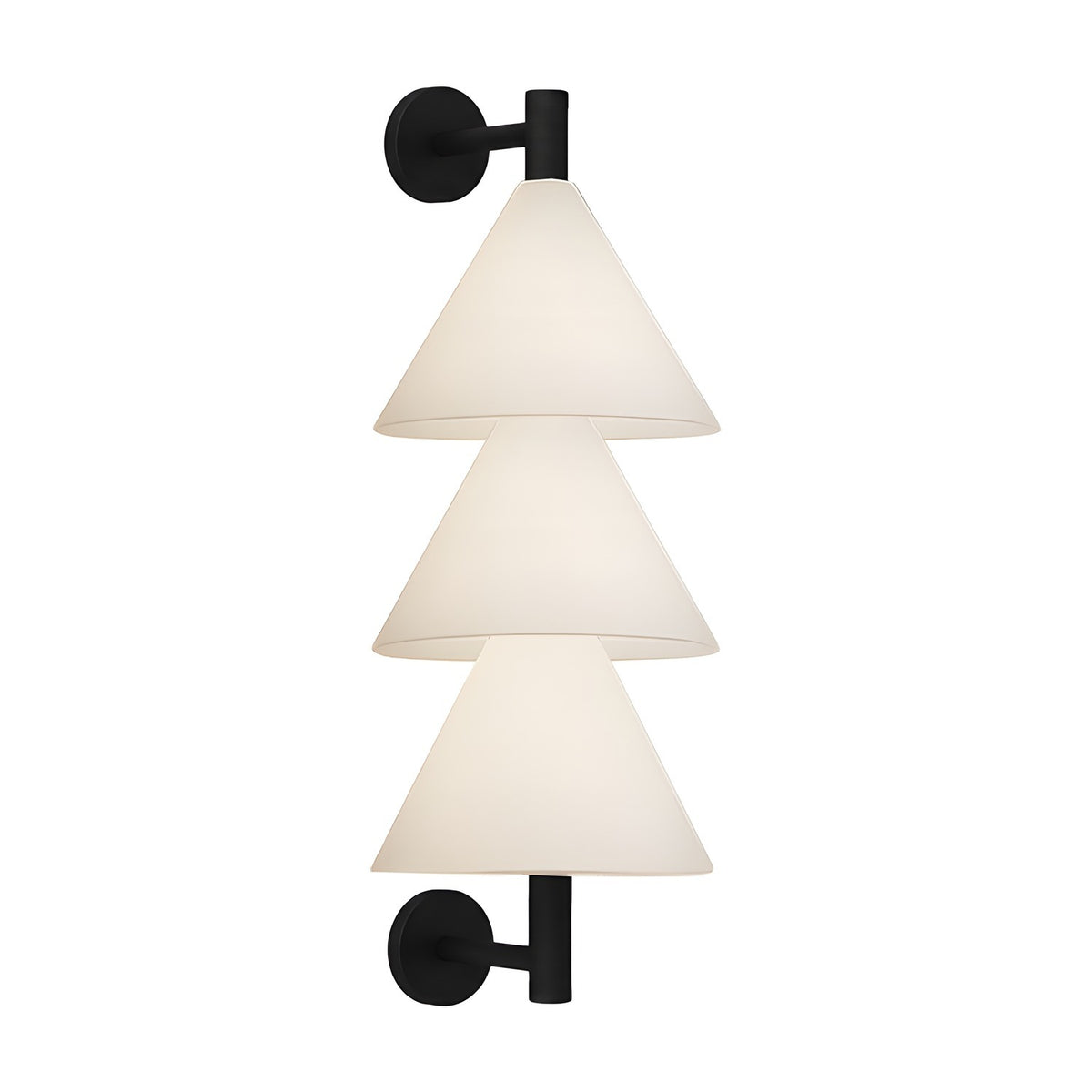 Boga LED Cone Glass Linear Wall Light in matt black, featuring three stacked white cone-shaped glass shades on a slim vertical rod, shown on a plain white background.
