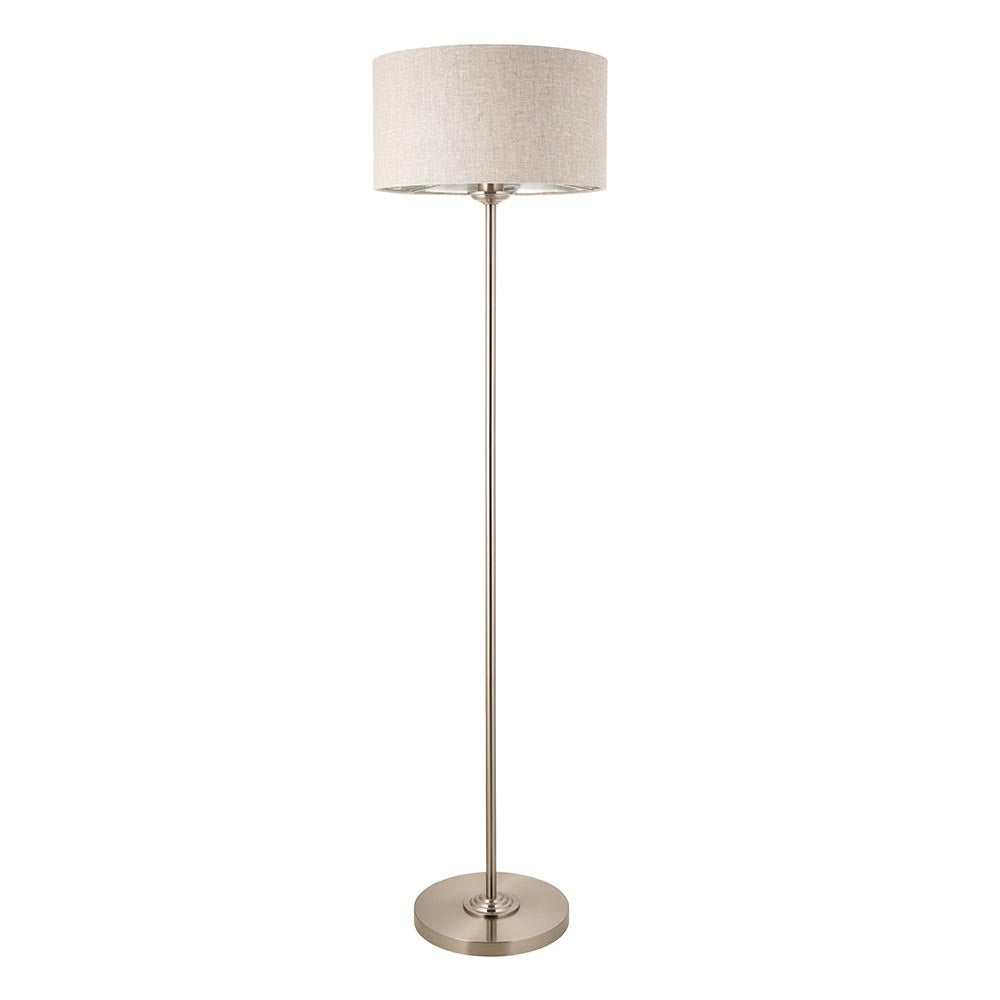 Endon Brenley floor lamp with slim chrome stem, round base, and natural linen drum shade with metallic inner, shown on a plain white background.