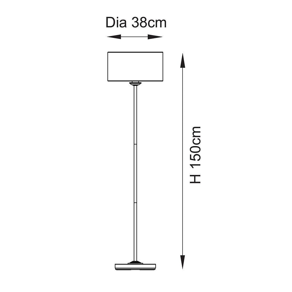 Technical dimension diagram of the Endon Brenley Floor Lamp in chrome, showing 38cm shade diameter and 150cm height on a plain white background.